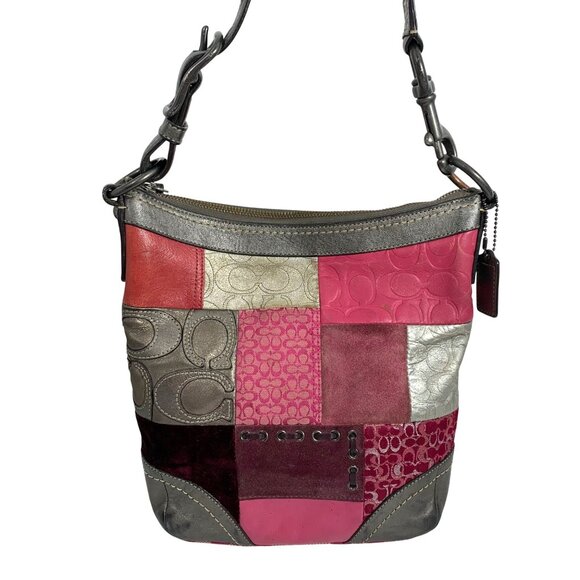 COACH Patchwork Silver Pink Signature Leather Suede F12863 Shoulder Bag + Tag - Picture 1 of 12